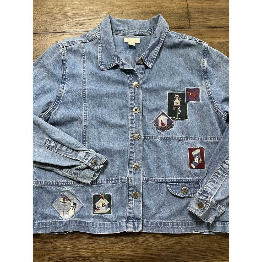 VTG Y2K Christopher & Banks Jacket Womens Sz L Blue Denim Western Lodge Holiday